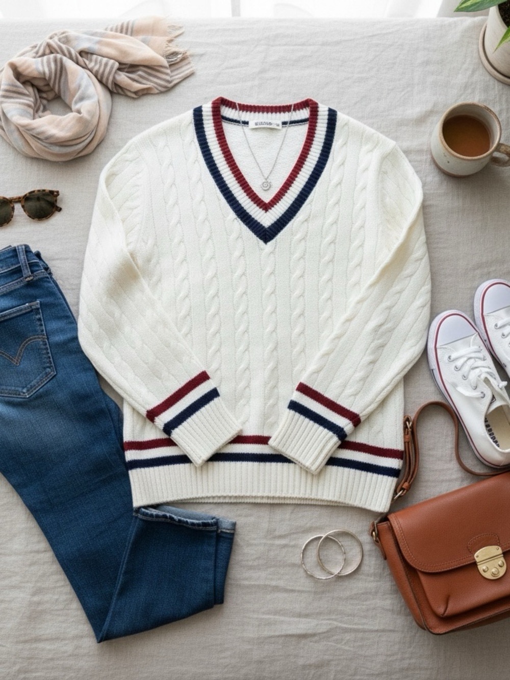 Vintage Old Money Style Tennis Cream V-Neck Cable Knit Sweater Navy Trim Preppy